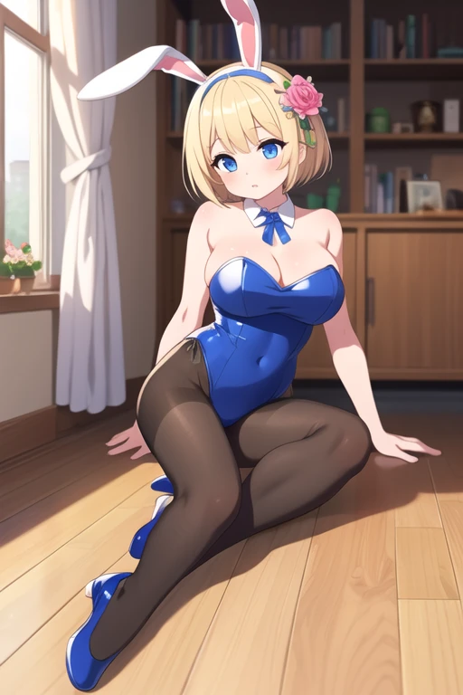 Full body , full body art ,masterpiece, best quality, 1girl,  short hair, bangs, bunny ears , black pantyhose, ballet shoes , Hair Ribbon, Hair Ornament, Hair Flower, bunny ears , sleeveless strapless leotard, Large breasts, Blonde hair , blue eyes