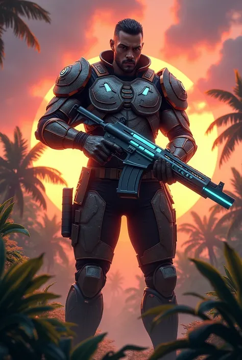 A fierce Free Fire character in futuristic armor, holding a weapon with a glowing effect, standing in a jungle at sunset with a dramatic sky