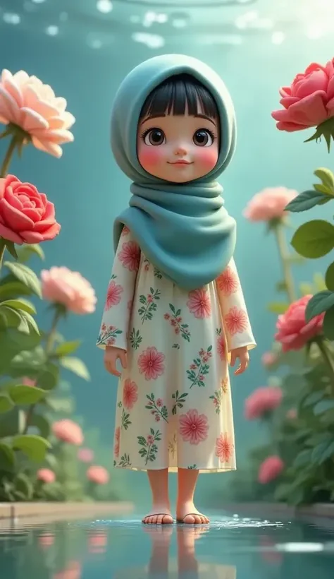 Prompt:

"Hyperrealistic style of a young woman wearing a hijab in a swimming position, standing in the water ((underwater image)) of a calm pool, facing the surface, surrounded by bright red and white roses growing tall and parallel to her body. The woman...