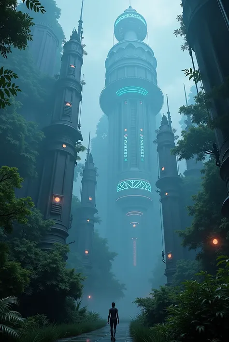 A cyberpunk extra terrestrial rain forest with extraterrestrial alien architecture  with aliens in the forest mist smog and fog with digital uv glowing lightings twilight    