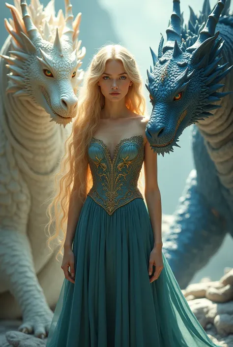 Green eyes Blondie girl wearing blue and gold dress stand with white dragon and deep blue dragon behind her