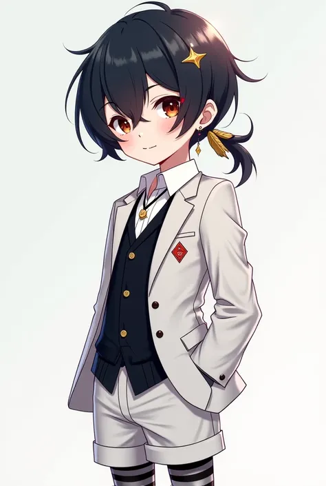 Hes short young guy with angelic-divinely beautiful appearance,petite body and snow-white skin.He has pitch-black hip-length hair with bangs angled to right and tied into low ponytail at front of his left shoulder;with two gold feathers behind his left ear...