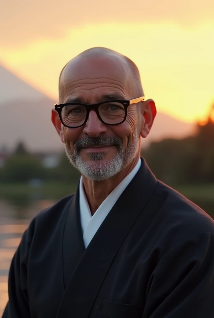 new year greetings,60s male,skin head, Bald head, short stubbled beard,square black glasses, natural smile, little chabby, Dark formal kimono for men,looking viewer, Mount Fuji in the background, sunrise,