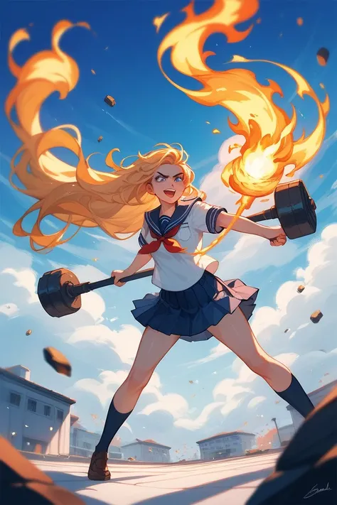 An anime-style schoolgirl with long flowing hair, wearing a traditional Japanese school uniform (white shirt with a blue sailor collar and pleated skirt). She is striking the ground forcefully with a massive blacksmiths hammer, creating a burst of sparks a...