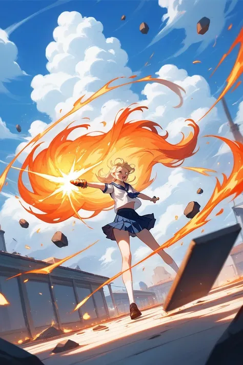 An anime-style schoolgirl with long flowing hair, wearing a traditional Japanese school uniform (white shirt with a blue sailor collar and pleated skirt). She is striking the ground forcefully with a massive blacksmiths hammer, creating a burst of sparks a...