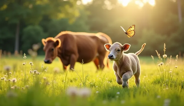 "A sunny meadow with a playful little calf chasing a butterfly. The calf looks happy and carefree, while a large, protective mother cow grazes in the background. Vibrant green grass and flowers fill the field, with a serene jungle in the distance."