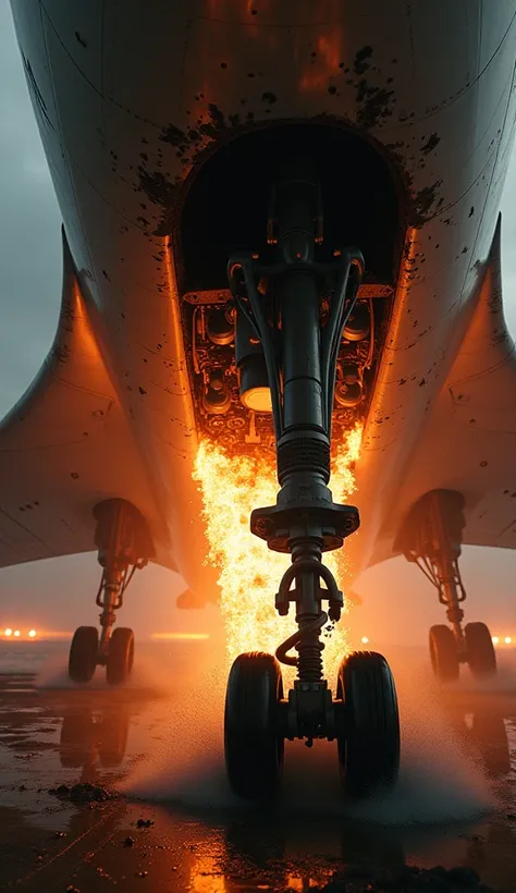 i need image from this prompt"A close-up of the Concordes undercarriage, with flames erupting near the fuel tank as sparks and debris fly."