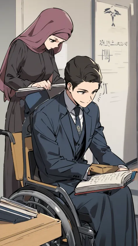  I draw a law and law student with special needs sitting in an electric wheelchair wearing a formal suit and carrying books with only a little long hair inclined to the right side. He is sitting studying in the lecture hall with a female colleague wearing ...