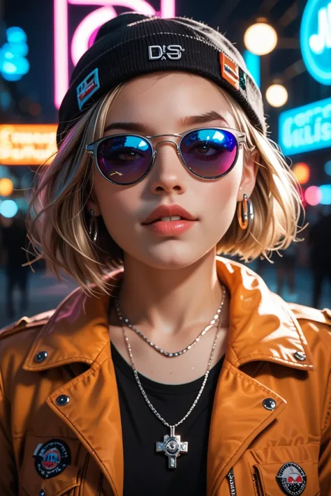 Face close up, alternative girl, watching over black sunglasses, jacket, necklace, neon light reflections on skin, ear ring, makeup, skin imperfection, short hair, beanie, neon lights background, low light, depth of field, highly detailed, high contrast, f...