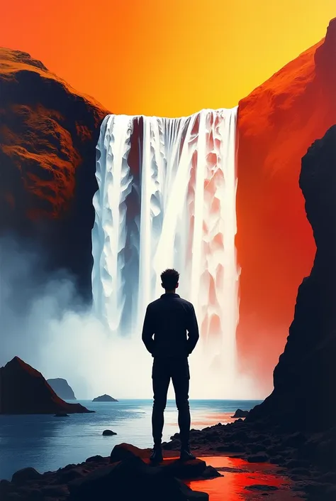 Cubist artwork of a silhouette of a man with his back watching a two-colored waterfall of water, white and orange, 8K,  bright colors , ultradetalle.