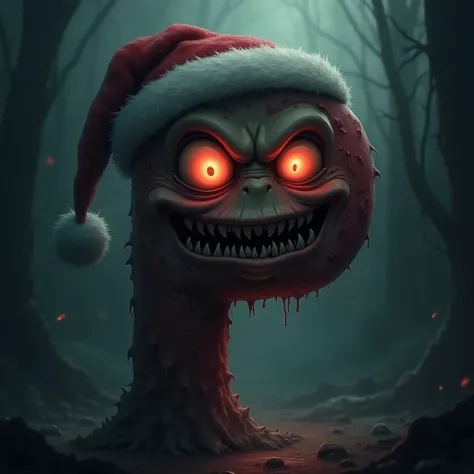 A creepy and realistic depiction of the letter P as a character. The letter has large, expressive, glowing eyes that look sinister and unsettling. The mouth is jagged and menacing, with sharp teeth. It wears a torn Santa Claus hat, adding a spooky festive ...