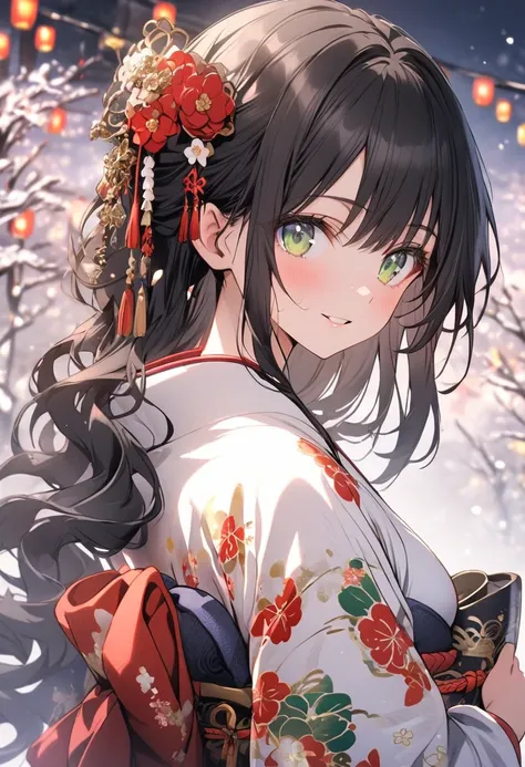 Alone, 1 girl,black hair,green Eyes,long Hair, Long Sleeve, New Years, 