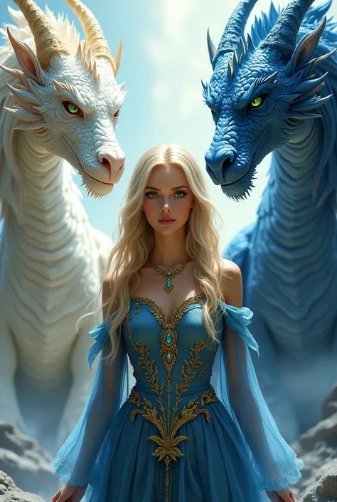 Green eyes Blondie girl wearing blue and gold dress stand with big white dragon and big deep blue dragon behind her 