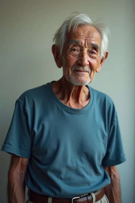 An old man wear blue t-shirt 