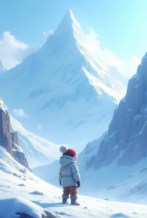 A boy see the frozen mountain 