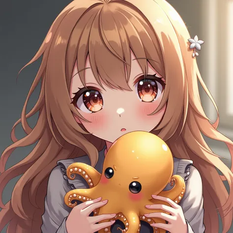 4K、anime、   1 girl、 light brown haired 、 long hair is fluffy 、  Provocative eyes   、 red lips、 gray icon     ,  Sparkling Eyes,  fantasy、  glitter effect         ,   Im hugging a golden octopus with cute eyes、8-legged octopus hair ornament 、Pets