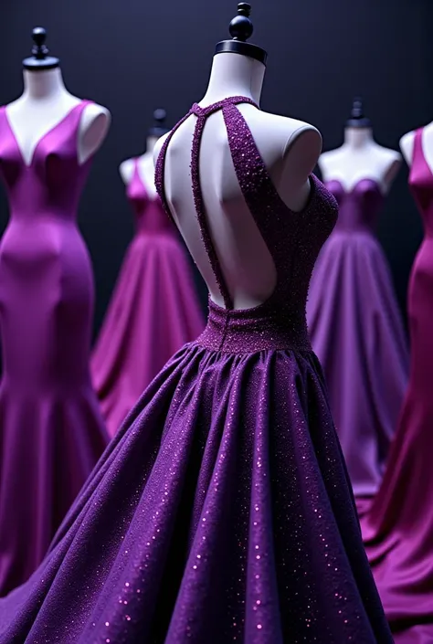  Beautiful Dress with a cutout on the back tight Glitter , shimmers Looks beautiful on a glossy mannequin, Purple and Black colors ,  masterpiece fails, 8 k,  better quality ,  complex parts,