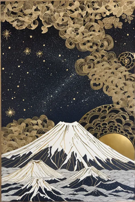 (Top Quality, High Resolution, Ultra Clear), Gold Tone, top of Mt. Fuji, Starry Sky, Zentangle Landscape, Gold Foil Art
