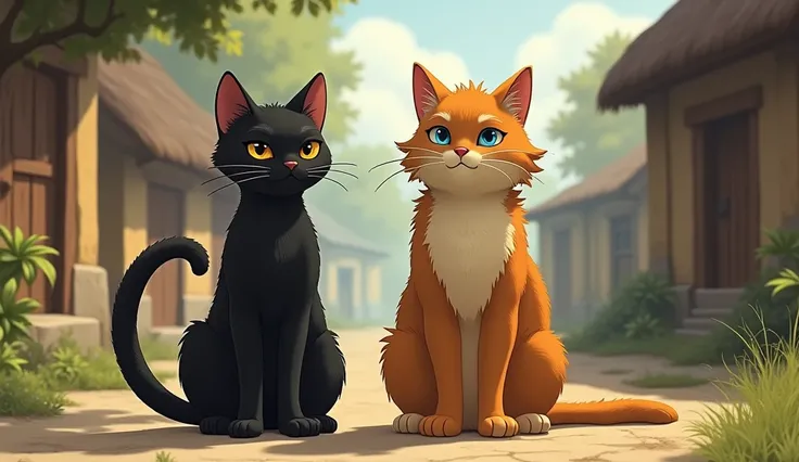 " A black cat named Milo stands next to a big golden-haired cat, ready to take orders to protect the village ."