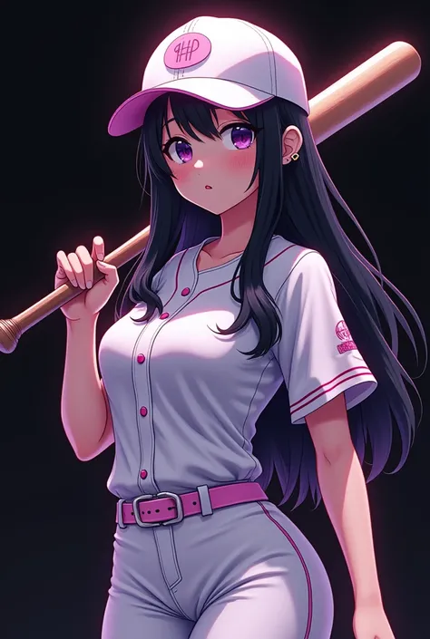 full body portrait of a beautiful and cute woman, drawn in 3D animation style, Hinata Hyuga, a girl with black hair, long and straight, with pale lavender eyes, natural thin lips, with a super big upper body, wearing a white baseball cap, jersey baseball, ...