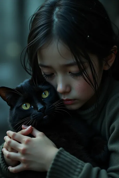 a young girl hugging a black cat, the cat injured after being hit by a car, the cat soaking wet, sad scene, dark shadows, beautiful detailed eyes, beautiful detailed lips, extremely detailed eyes and face, long eyelashes, 1girl, cat, photorealistic, dramat...