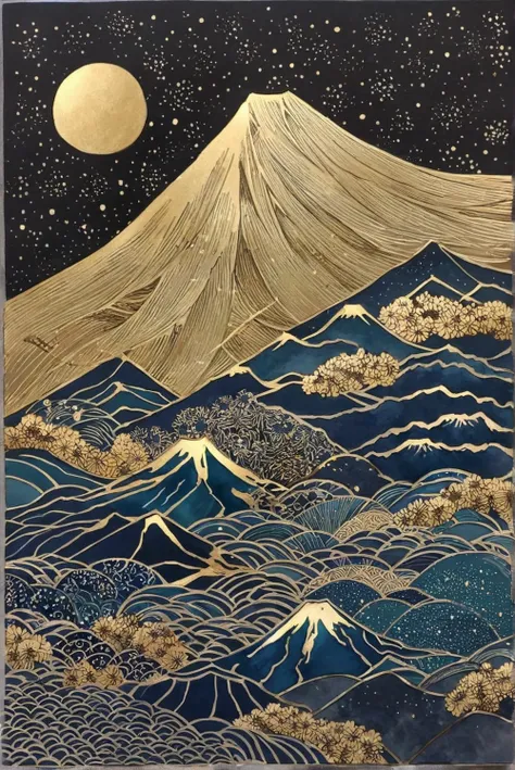 (Top Quality, High Resolution, Ultra Clear), Gold Tone, top of Mt. Fuji, Starry Sky, Zentangle Landscape, Gold Foil Art
