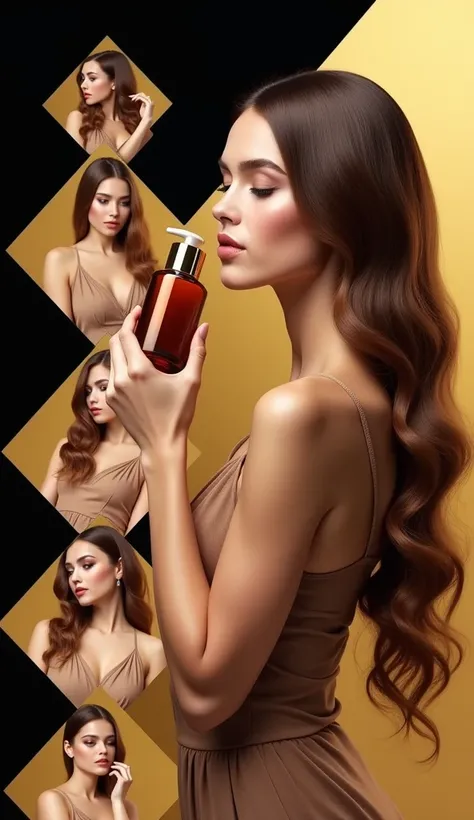 Create a stylish photography flyer featuring a warm-toned main image of a woman holding a hair oil bottle, surrounded by smaller overlapping photos of women showcasing their glossy, well-nourished hair in elegant poses. The layout should use a modern desig...