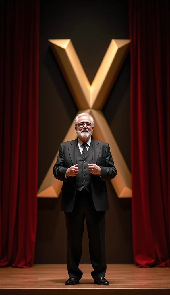 "An elderly man with gray hair and beard, wearing a smart suit and glasses, stands in the center of a performance stage. He stands confidently, with his hands slightly open, as if preparing to give a speech or perform. The stage is softly lit, highlighting...