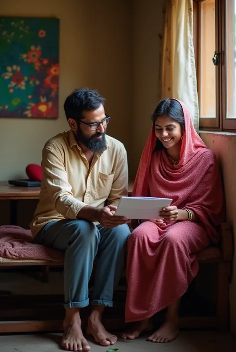 Arjun, now in his late 30s, sits on a wooden bench with his family. His sister hands him an envelope, and his expression changes to disbelief and joy as he reads the invitation. The room is modest but filled with warmth, with colorful paintings in the back...