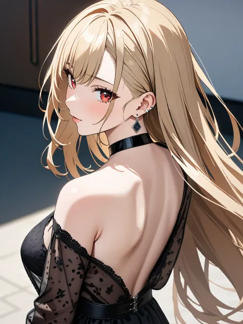 Backless Dress,  cute, masterpiece:1.5, masterpiece, highest quality, Kitagawa Marin, 1girl,  cowboy shot , blonde hair, long hair, multicolored hair, red eyes, jewelry, earrings, piercing, black choker, UHD, retina, masterpiece, accurate, anatomically cor...