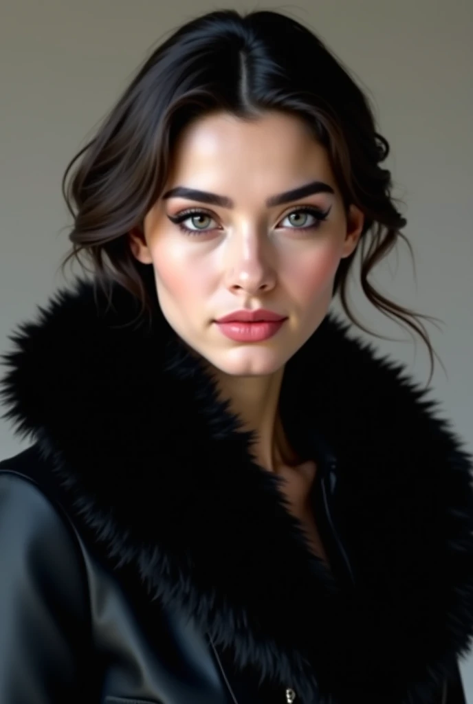 black jacket, courte femme Iranienne, black fake fur ,  woman pretty white skin, by Lorène