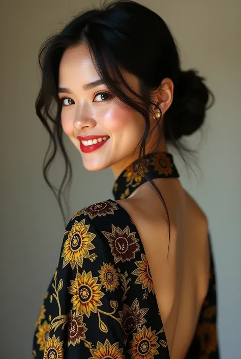 A beautiful Indinesian model , Clean white skin, beautiful dyed hair ,  wearing a modern kebaya batik dress Black yellow gold pattern ,  smiling,  Add the inscription  "VISUAL GALLERY "  on the back using batik design elements with soft lighting