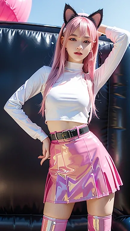  teenager with pink hair, slim model, Latex BH  ,  pleats latex skirt pink,  latex arm warmer ,  knee-high latex boots, Cat ears, bouncy castle  ,  realistic , Standing