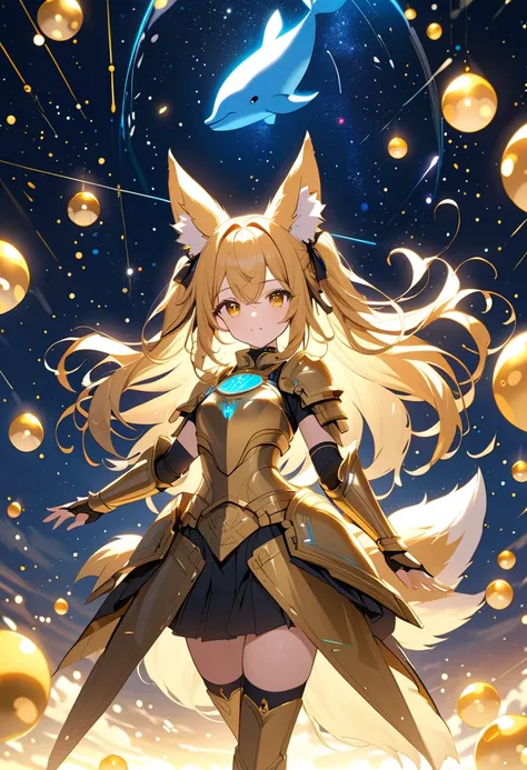 (masterpiece, best quality),one girl, (gold fox ears:1.4), (gold hair), long hair, crossed bangs, (two side up), gold eyes, hair scrunchie,  flat chest,wearing unique armor,Golden armor with a whale motif, there are whale designs in places on the armor,rib...