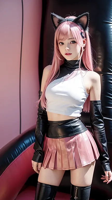 Teenager with pink hair, slim model, Leather BH, pink pleated Leather skirt, Leather arm warmers, knee-high Leather boots, cat ears, bouncy castle, realistic, standing
