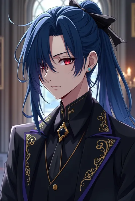  A quiet and luxurious anime young man with sharp red eyes represents long indigo hair tied with a black ribbon and covers his whole left eye with his long hair ,Fair skin and wearing all the fancy and elegant black fantasy clothes such as noble school clo...