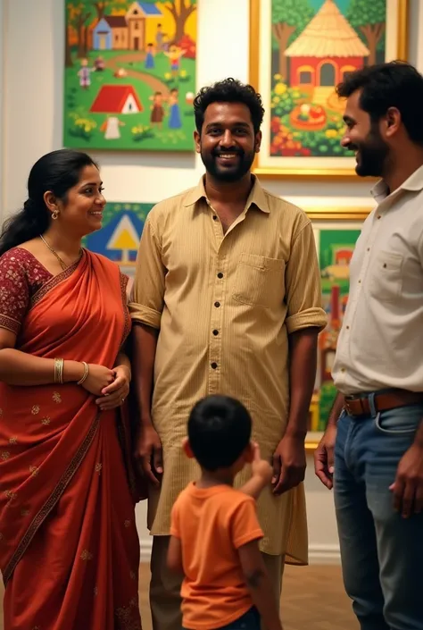 Arjun, standing in an art gallery surrounded by his vibrant rural-themed paintings, wearing simple village attire. His mother and sister stand beside him, their expressions filled with pride. A young boy points at one of the paintings while talking to his ...