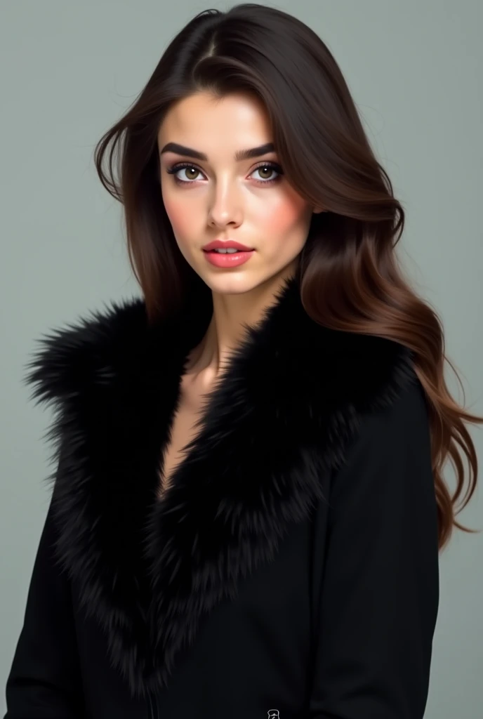 black jacket, courte femme Iranienne, realistic face, black fake fur ,  woman pretty white skin, by Lorène