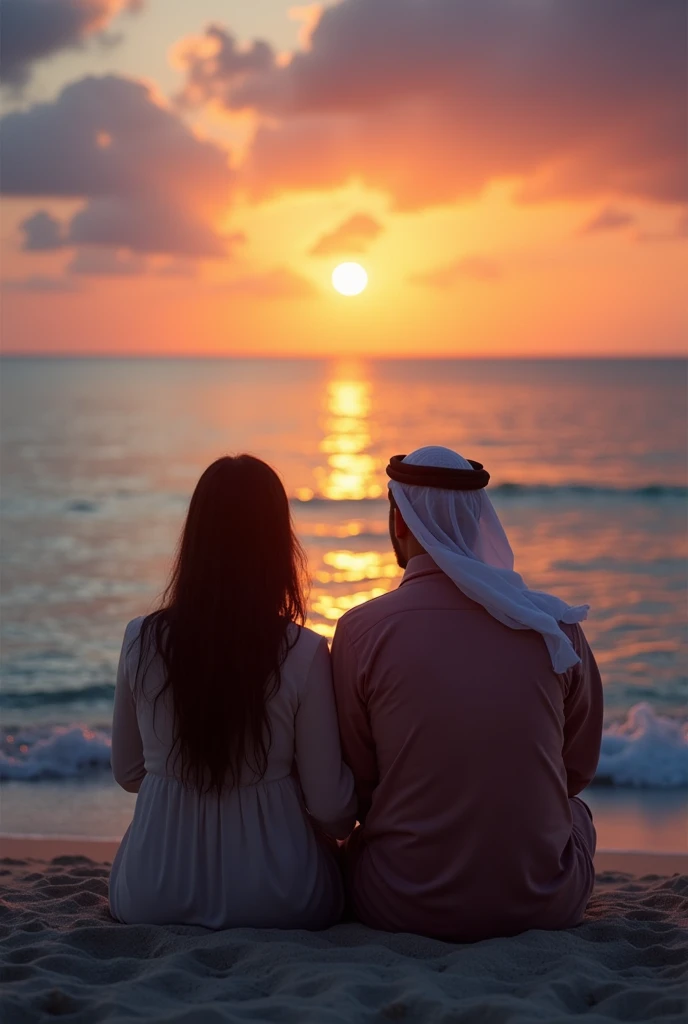 Image Description of a Couple Sitting Near the Sea

Scene Setting:

A romantic beach setting during sunset.

The couple is sitting side by side on the sandy shore.

Couple Details:

One partner is of Hispanic descent (female).
The other partner is of Middl...