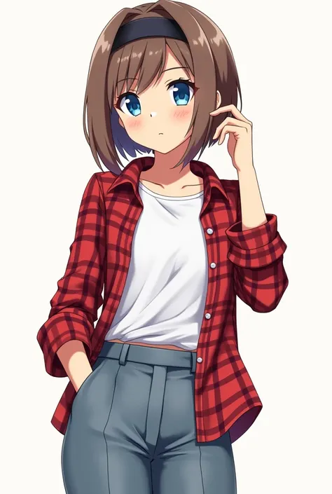  Character anime with brown hair with a black headband, red checkered shirt and wearing a white t-shirt, bluish gray trousers and blue eyes.