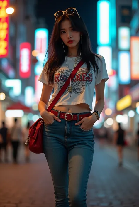 (Fullbody photo), (HDR focus), beautiful japaneese women(curvy body and big breast) wearing white printing rockers t-shirts and tight scars jeans(fashionable), earphones, high heels, sling bag, sunglasses in her head, i watch, red belt, neckles, long black...