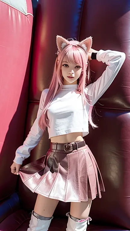 Teenager with pink hair, slim model, Leather BH, pink pleated Leather skirt, Leather arm warmers, knee-high Leather boots, cat ears, bouncy castle, realistic, standing
