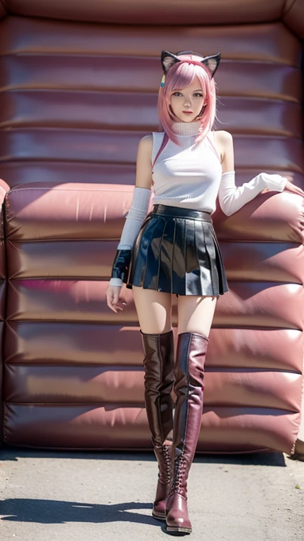 Teenager with pink hair, slim model, Leather BH, pink pleated Leather skirt, Leather arm warmers, knee-high Leather boots, cat ears, bouncy castle, realistic, standing
