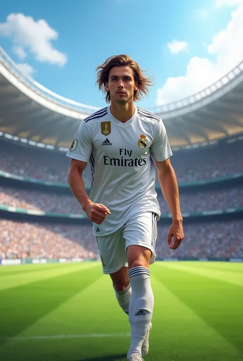 Make my son a Real Madrid player who has long hair and is 19 years old