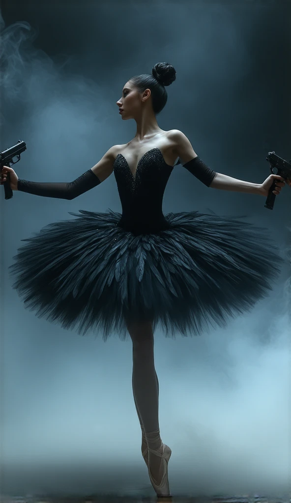 A highly realistic depiction of a transformed black swan ballerina, blending elegance and action in a striking display. The figure is a graceful ballerina with the head of a sleek black swan, her feathers shimmering with iridescent shades of black and deep...