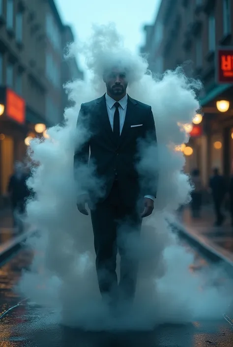 I want a man with a full body made of smoke and wearing a formal suit and standing on the street at night