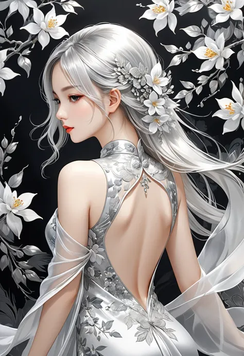 Charming Beautiful Long Silver White Hair Wearing Open Back Silver White Silk Dress Halfside Looked Back(close up) Look at the back in silver silk ( long silver silk ， Color Bright ， embroidered silver flowers  )CHARMING BEAUTIFUL BEAUTY CLEAR DETAILED SUP...