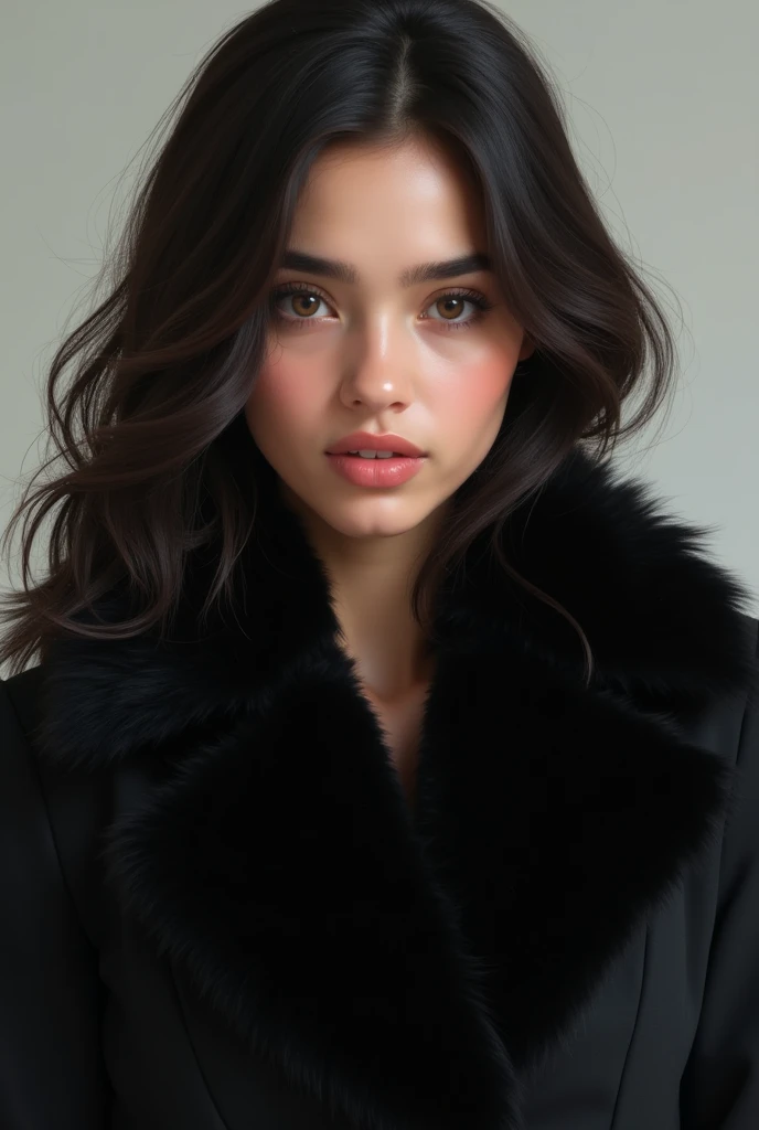 black jacket, courte femme Iranienne, realistic face, black fake fur ,  woman pretty white skin, by Lorène