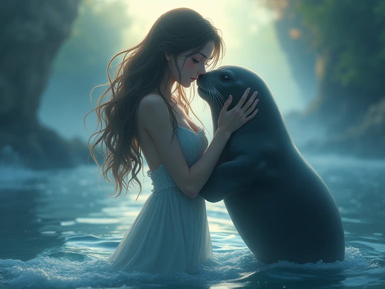 "A woman emerging from water, with a seal climbing up beside her to embrace her, symbolizing harmony and connection. The woman has long, flowing hair, wearing a simple, elegant dress that drapes gently around her body, creating a sense of ethereal beauty. ...