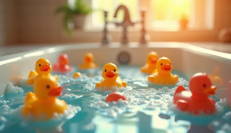 Close-up of a shiny bathtub filled with soapy bubbles, colorful rubber duckies and toys floating on the surface, warm bathroom lighting, playful and cheerful atmosphere